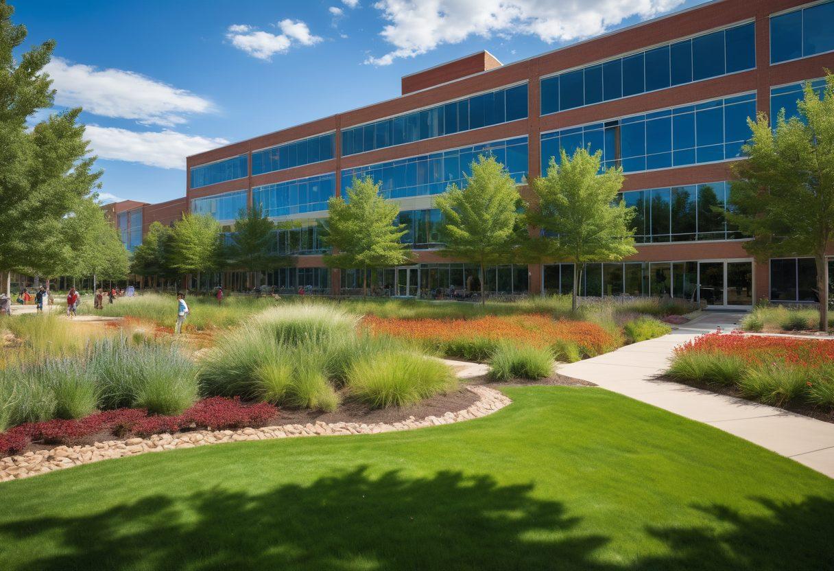 A picturesque South Dakota public college campus with students of diverse backgrounds engaged in joy-filled activities, showcasing teamwork and personal growth. Lush greenery surrounds modern buildings under a bright blue sky, with elements of creativity like art installations or gardens that symbolize cultivation and joy. The scene should radiate warmth, inclusivity, and success. super-realistic. vibrant colors.