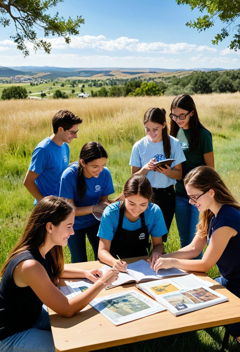 A dynamic scene of a diverse group of students actively engaging in a learning environment on a South Dakota public college campus, showcasing hands-on experiences, outdoor learning, and collaboration. Include iconic South Dakota landscapes as a backdrop, symbolizing growth and transformation through education. Vibrant colors, super-realistic style.