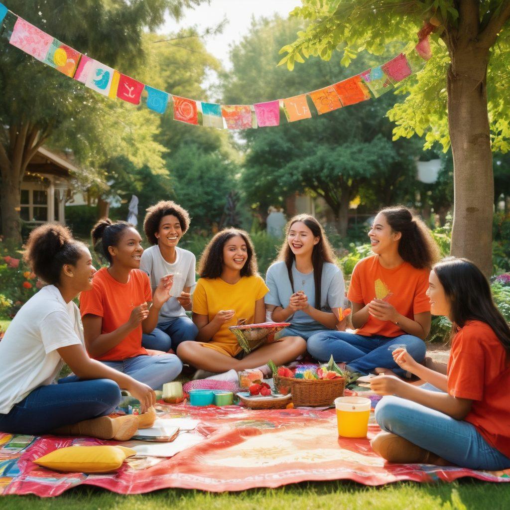 A diverse group of students engaging in joyful outdoor activities, surrounded by lush greenery and bright flowers, with a large banner reading 'Community & Happiness' in cheerful colors. Include elements like a picnic, laughter, shared books, and art supplies to depict collaboration. The atmosphere should feel warm, inviting, and supportive, showcasing a sense of belonging and well-being. vibrant colors. super-realistic.